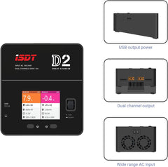ISDT lipo Battery Charger D2 MK2 with AC 2x200W Dual Output Mode,Hobby Smart Lipo Charger Discharger for 1-6S Li-ion Life NiCd NiMH LiHV PB Smart Battery