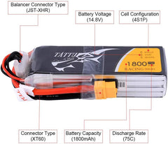 Tattu 14.8V 1800mAh 4S 75C LiPo Battery Pack with XT60 Plug for FPV Racing LRC Freestyle CX Pro Quadcopter Vortex