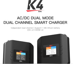 ISDT K4 Dual Lipo Battery Charger Discharger RC Lipo Charger AC400W/DC600Wx2 for 1-8s Life,Lilon/Hv,Pb,NiMH/Cd Battery Balance Charger Smart Charger