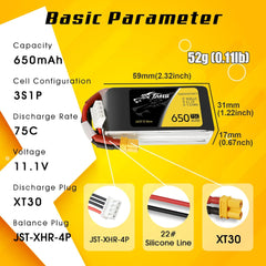 Tattu 11.1V 650mAh 75C 3S1P LiPo Battery Pack with XT30 Plug for 90 to 180 Size, Torrent 110, Lizard 95 Quadcopters