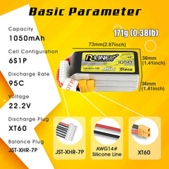 TATTU R-Line 22.2V 1050mAh 95C 6S LiPo Battery Pack with XT60 Plug for Professional FPV Racing