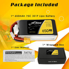Tattu 11.1V 650mAh 75C 3S1P LiPo Battery Pack with XT30 Plug for 90 to 180 Size, Torrent 110, Lizard 95 Quadcopters