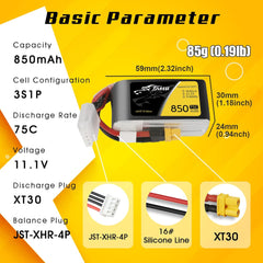 TATTU 11.1V 850mAh 75C 3S LiPo Battery Pack with XT30 Plug for 150 &180 Size Quadcopters