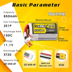 TATTU R-Line Version 5.0 3S Lipo Battery 11.1V 150C 850mAh Lipo Battery Pack with XT30U-F Plug
