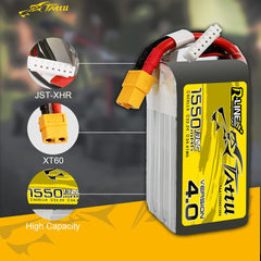 TATTU R-Line Version 4.0 6S Lipo Battery 22.2V 130C 1550mAh Lipo Battery Pack with XT60 Plug for Racing