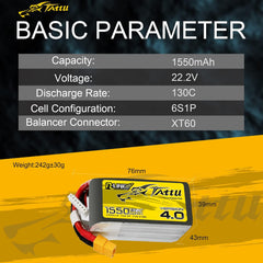 TATTU R-Line Version 4.0 6S Lipo Battery 22.2V 130C 1550mAh Lipo Battery Pack with XT60 Plug for Racing