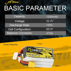 TATTU R-Line Version 3.0 6s Lipo Battery 1300mAh 22.2V 120C 6S Lipo Battery with XT60 Plug for RC Racing FPV Drone Helicopter Quadcopter Airplane UAV RC Plane