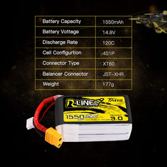 TATTU R-Line 14.8V 1550mAh 4S 120C Lipo Battery with XT60 Plug for FPV Racing Drones