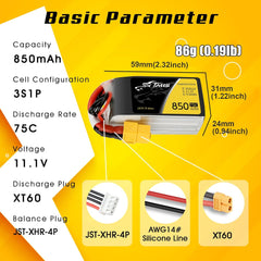 TATTU 850mAh 11.1V 75C 3S LiPo Battery Pack with XT60 Plug for Multirotor FPV 150 180 Size Quadcopter