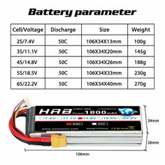 HRB RC 2S 3S Lipo Battery 1800mah heli battery 50C with XT60 For rc car rc boat Airplane Helicopter 380L Trex 450 Airplane Boat