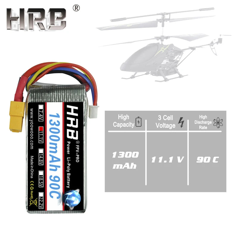 1/2/4 Pack HRB 3S 11.1V 1300mah Lipo Battery 90C 70*35*25mm For RC Product Like RC Quadcopter, Helicopter, Boat, Car, Airplane