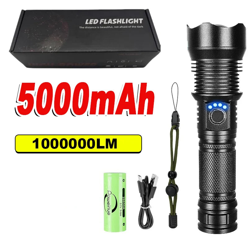 1000000LM High Power Rechargeable LED Flashlight Work 14H Ultra Powerful 2000M Flashlight Camping Fishing Emergency Zoom Lantern