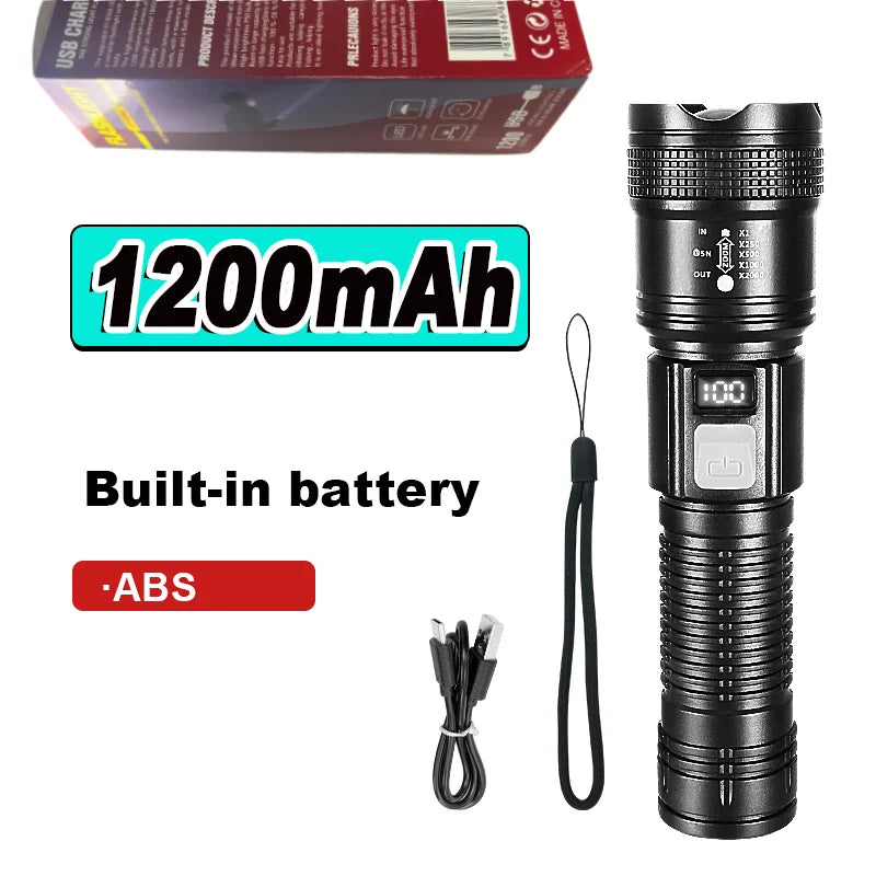 1000000LM High Power Rechargeable LED Flashlight Work 14H Ultra Powerful 2000M Flashlight Camping Fishing Emergency Zoom Lantern
