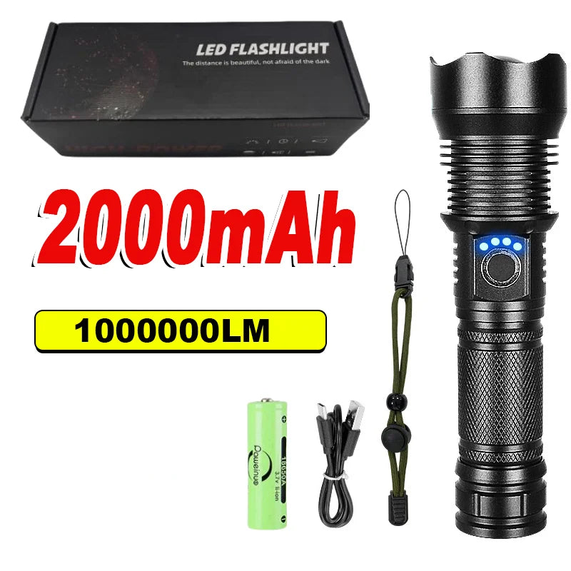 1000000LM High Power Rechargeable LED Flashlight Work 14H Ultra Powerful 2000M Flashlight Camping Fishing Emergency Zoom Lantern
