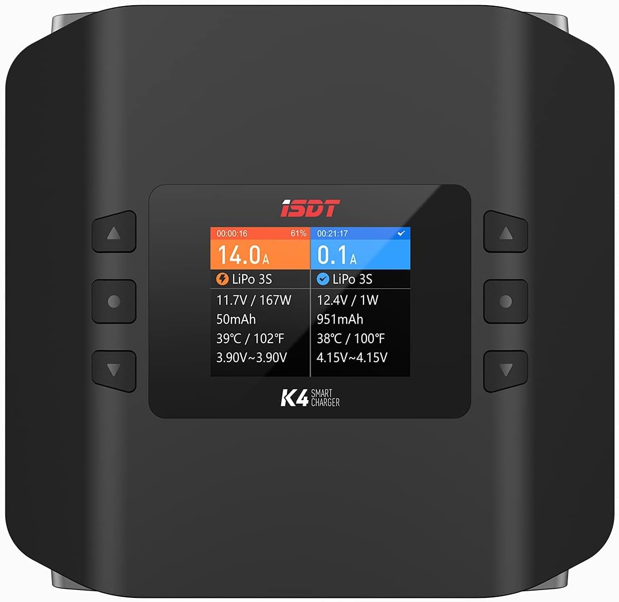ISDT K4 Dual Lipo Battery Charger Discharger RC Lipo Charger AC400W/DC600Wx2 for 1-8s Life,Lilon/Hv,Pb,NiMH/Cd Battery Balance Charger Smart Charger