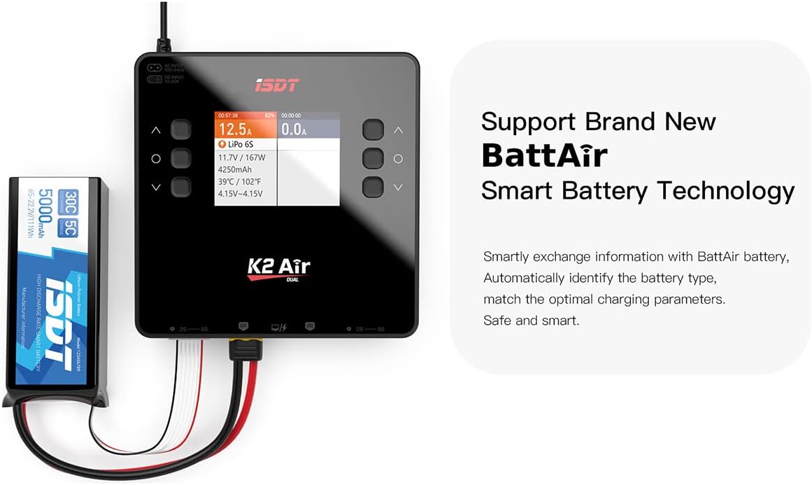 ISDT K2 Air Lipo Battery Charger Discharger 2-6S AC 200W DC 500Wx2 20A Dual Channel Smart Charger for Life Lilon LiHv NiMH RC Battery Balance Charger - Bluetooth APP Control, LCD Display