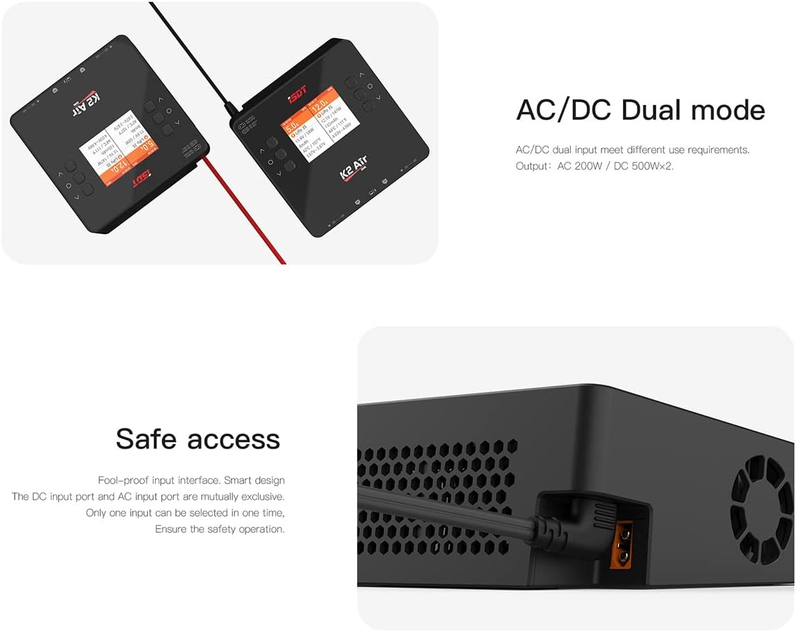 ISDT K2 Air Lipo Battery Charger Discharger 2-6S AC 200W DC 500Wx2 20A Dual Channel Smart Charger for Life Lilon LiHv NiMH RC Battery Balance Charger - Bluetooth APP Control, LCD Display