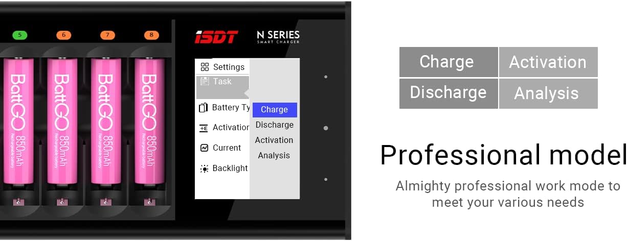 ISDT LCD Display Universal Battery Charger N8 8-Slot Speedy Smart Battery Fast Charger for Rechargeable Batteries AA AAA Li-lon LiHv Ni-MH Ni-Cd Nizn LiFePO4