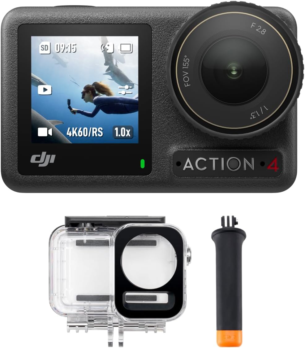 DJI Osmo Action 4 Adventure Combo, Waterproof Action Camera 4K with 1/1.3" Sensor, Stabilization, Dual Touchscreens, Up to 7.5 h with 3 Batteries, Mini Action Camera for Travel, Outdoor, Sports
