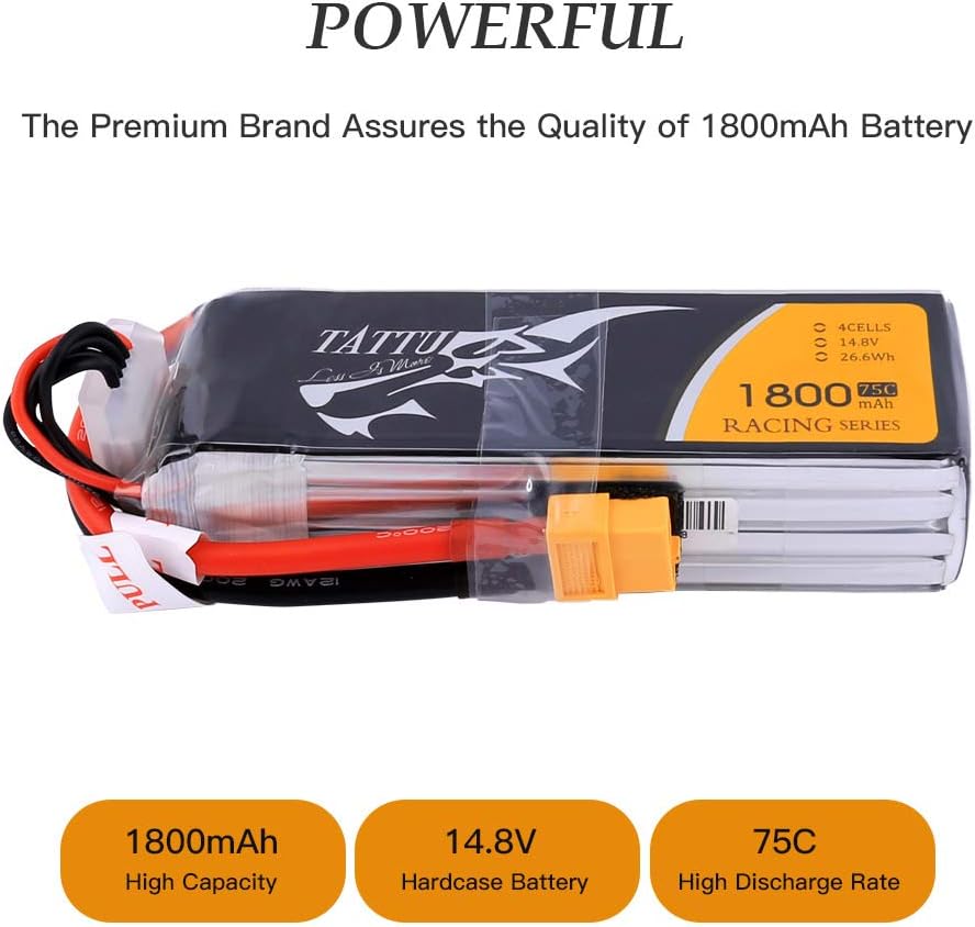 Tattu 14.8V 1800mAh 4S 75C LiPo Battery Pack with XT60 Plug for FPV Racing LRC Freestyle CX Pro Quadcopter Vortex