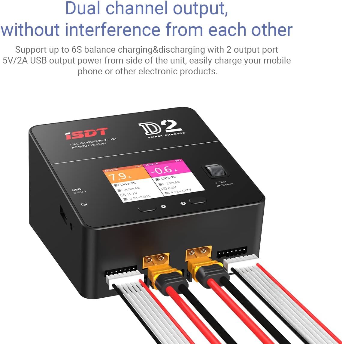 ISDT lipo Battery Charger D2 MK2 with AC 2x200W Dual Output Mode,Hobby Smart Lipo Charger Discharger for 1-6S Li-ion Life NiCd NiMH LiHV PB Smart Battery