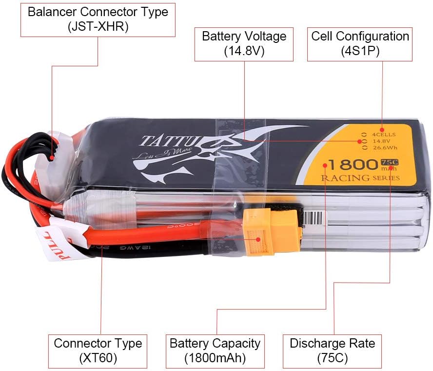 Tattu 14.8V 1800mAh 4S 75C LiPo Battery Pack with XT60 Plug for FPV Racing LRC Freestyle CX Pro Quadcopter Vortex