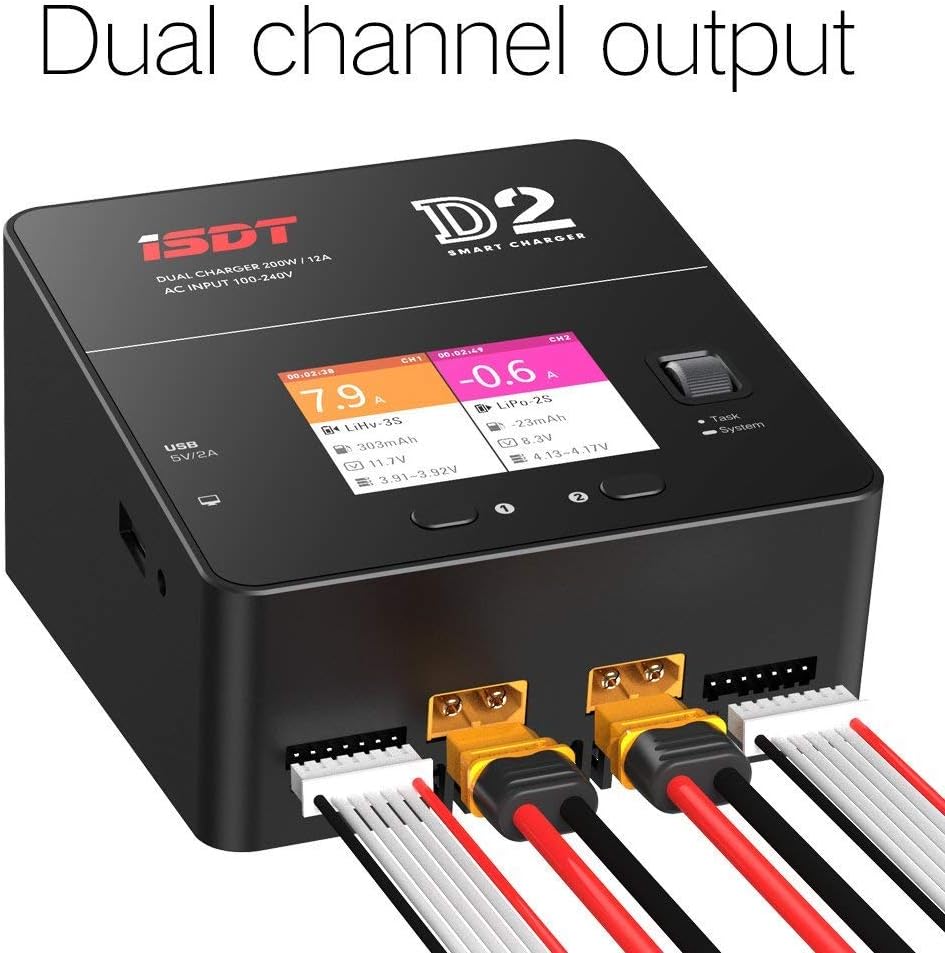 ISDT D2 Mark 2 LiPo Battery Balance Charger Duo Discharger Dual 200W 12A2 AC Dual Channel Output 1-6S Li-ion Life NiCd NiMH LiHV PB Smart Battery
