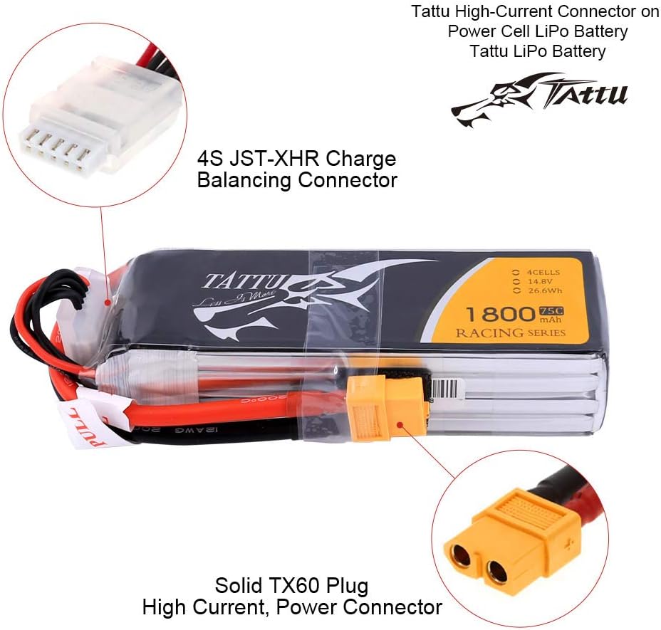 Tattu 14.8V 1800mAh 4S 75C LiPo Battery Pack with XT60 Plug for FPV Racing LRC Freestyle CX Pro Quadcopter Vortex