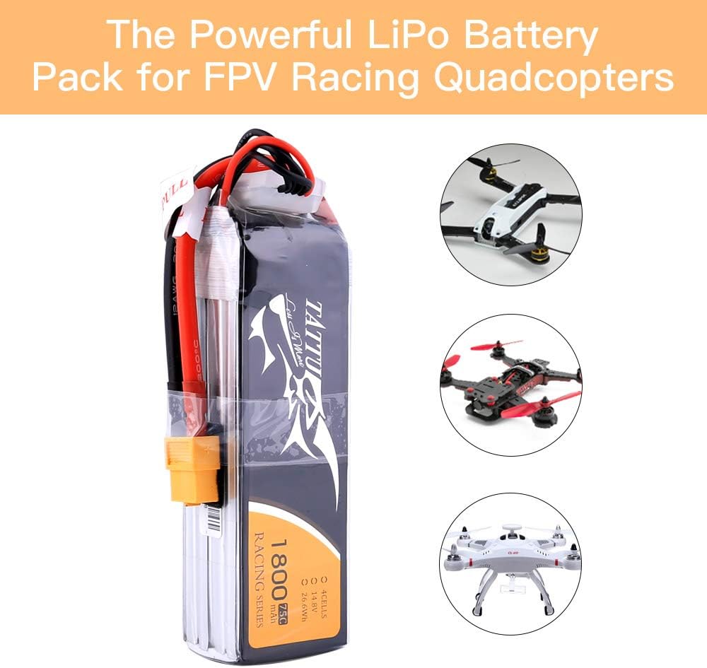 Tattu 14.8V 1800mAh 4S 75C LiPo Battery Pack with XT60 Plug for FPV Racing LRC Freestyle CX Pro Quadcopter Vortex