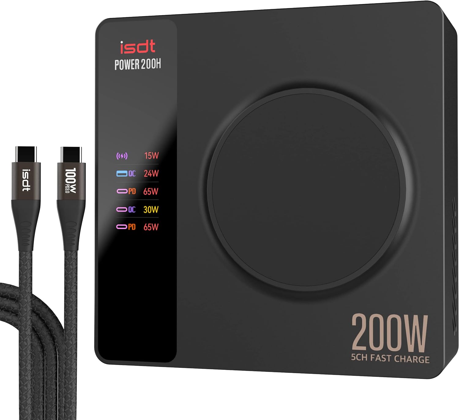 ISDT Power 200W USB C Charging Station 4-Port USB Plus 1 Wireless Charge Port, USB C Wall/Desktop Fast Charger with LED Display&App Control for MacBook, iPad, iPhone, Galaxy, Pixel