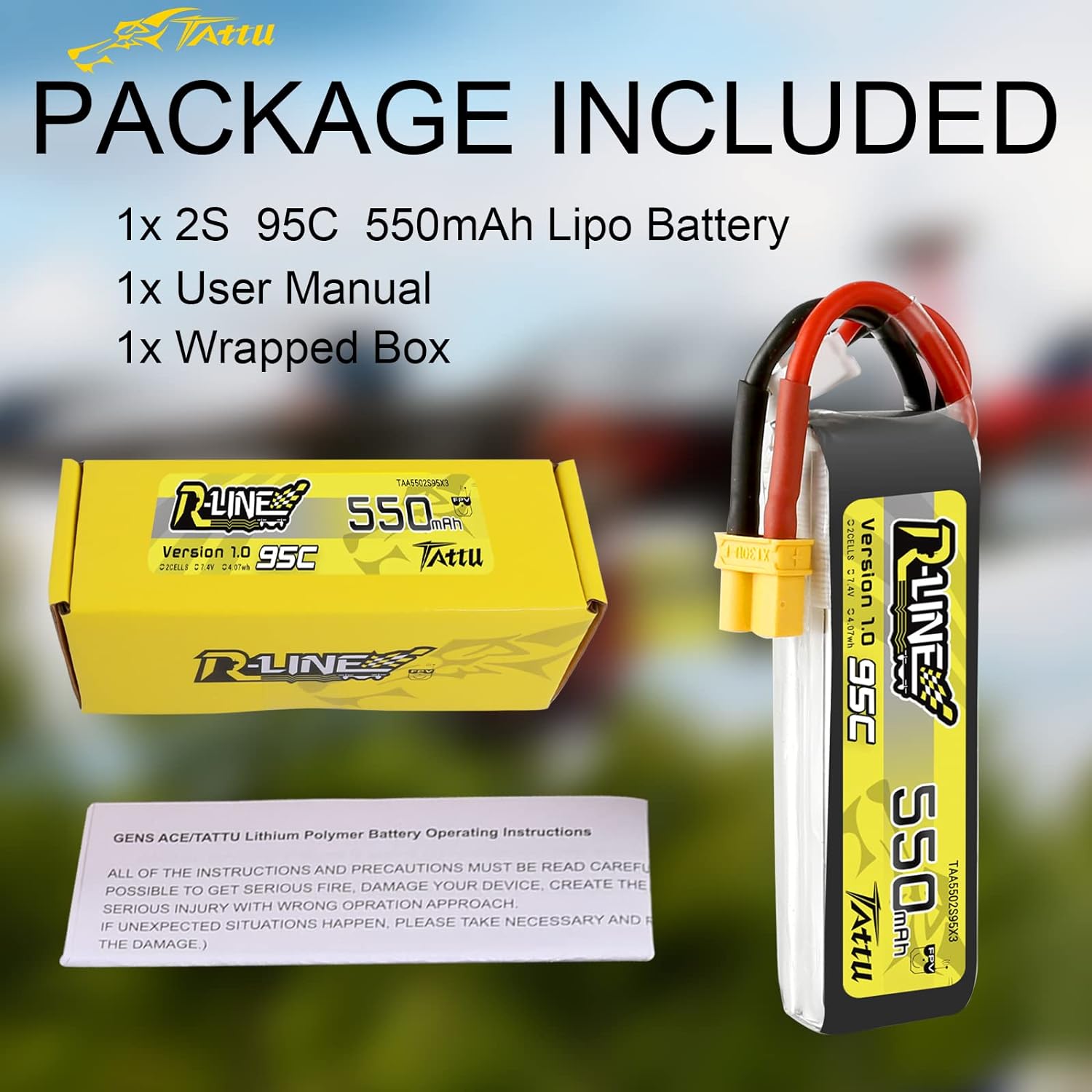 TATTU R-Line 550mAh 7.4V 95C 2S1P Lipo Battery Pack with XT30 Plug