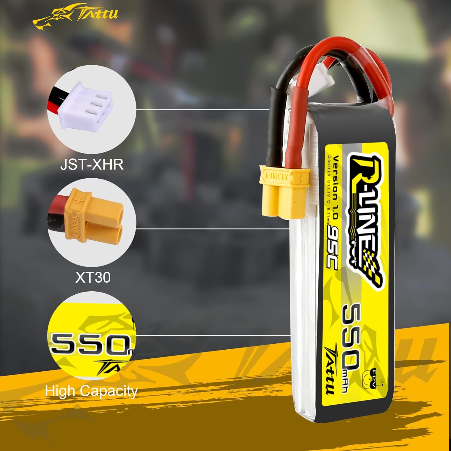 TATTU R-Line 3S Lipo Battery 550mAh 11.1V 95C with XT30 Plug for FPV Racing Quadcopter