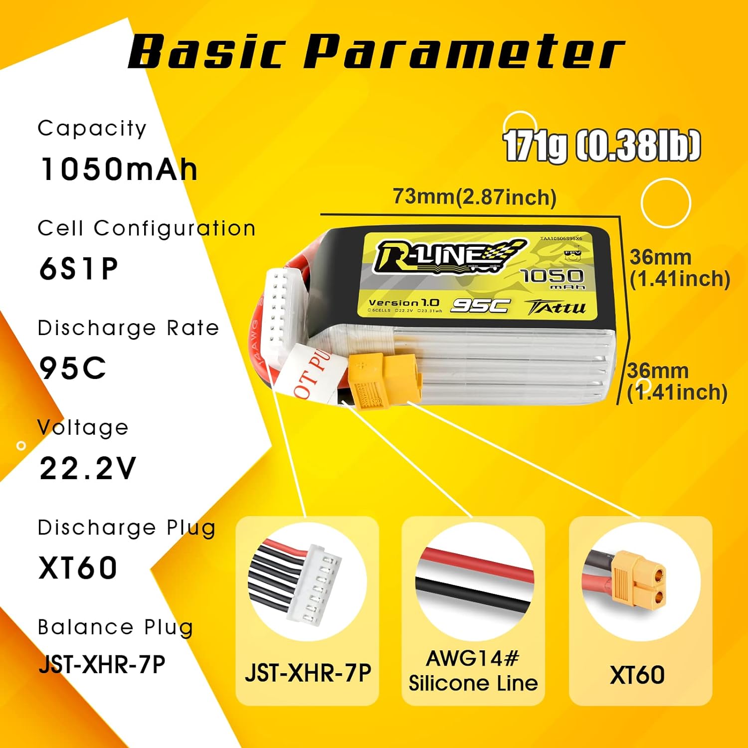 TATTU R-Line 22.2V 1050mAh 95C 6S LiPo Battery Pack with XT60 Plug for Professional FPV Racing