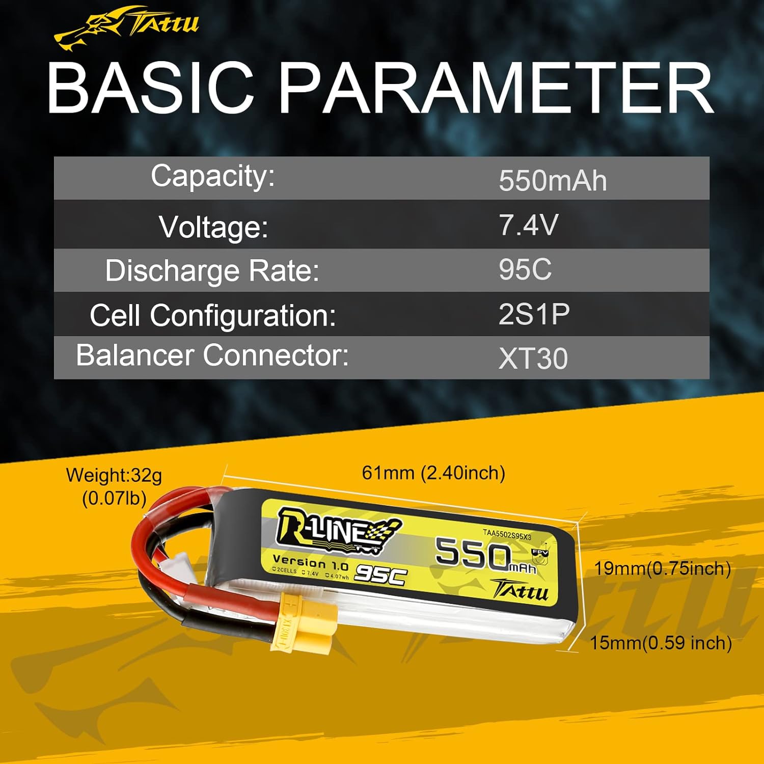 TATTU R-Line 550mAh 7.4V 95C 2S1P Lipo Battery Pack with XT30 Plug