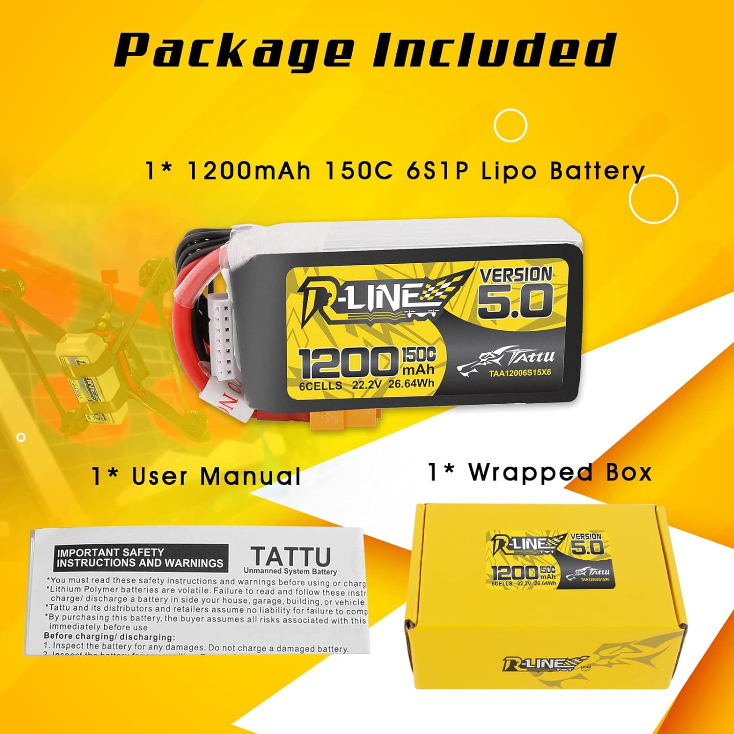 TATTU R-Line Version 5.0 6S Lipo Battery 22.2V 150C 1200mAh Lipo Battery Pack with XT60 Plug for Racing