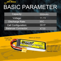 TATTU R-Line 3S Lipo Battery 550mAh 11.1V 95C with XT30 Plug for FPV Racing Quadcopter
