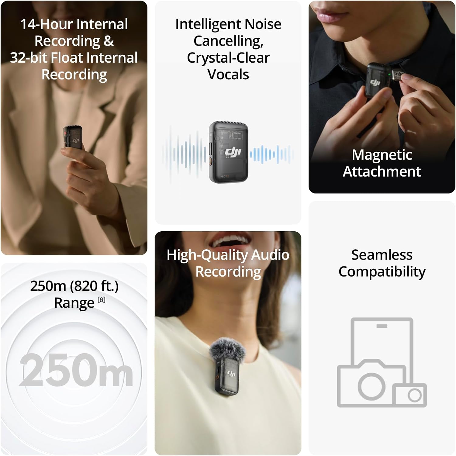 DJI Mic 2 (1 TX + 1 RX), Wireless Microphone with Intelligent Noise Cancelling, 32-bit Float Internal Recording, Optimized Sound, 250m (820 ft.) Range, Microphone for iPhone, Android, Camera, Vlogs