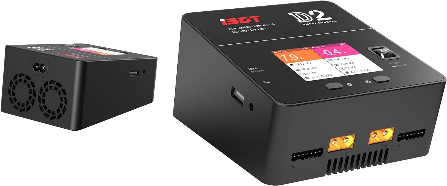 ISDT D2 Mark 2 LiPo Battery Balance Charger Duo Discharger Dual 200W 12A2 AC Dual Channel Output 1-6S Li-ion Life NiCd NiMH LiHV PB Smart Battery