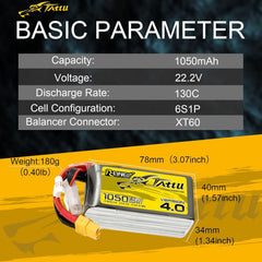 TATTU 6S Lipo Battery R-Line Version 4.0 1050mAh 22.2V 130C Lipo Battery Pack with XT60 Plug for Professional FPV Racing Competitions