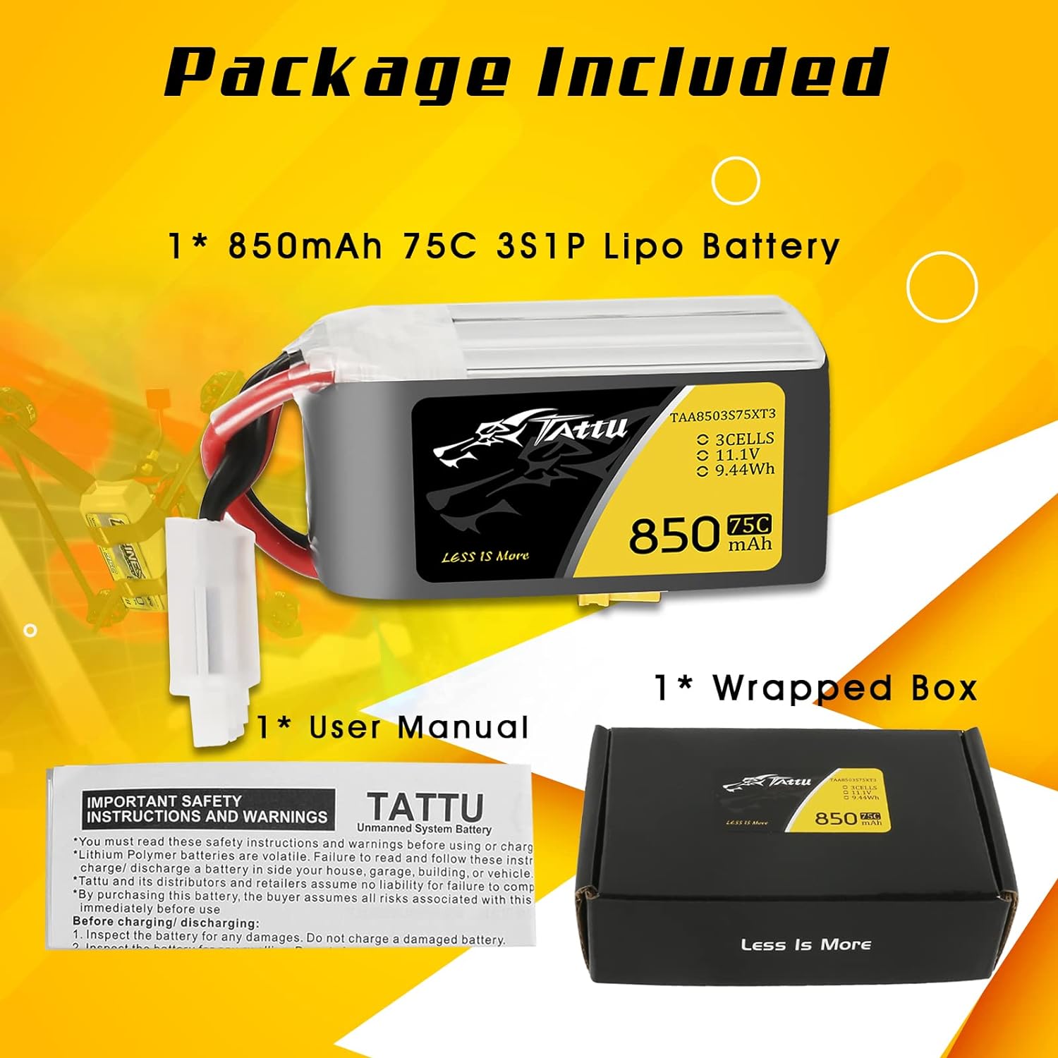 TATTU 11.1V 850mAh 75C 3S LiPo Battery Pack with XT30 Plug for 150 &180 Size Quadcopters
