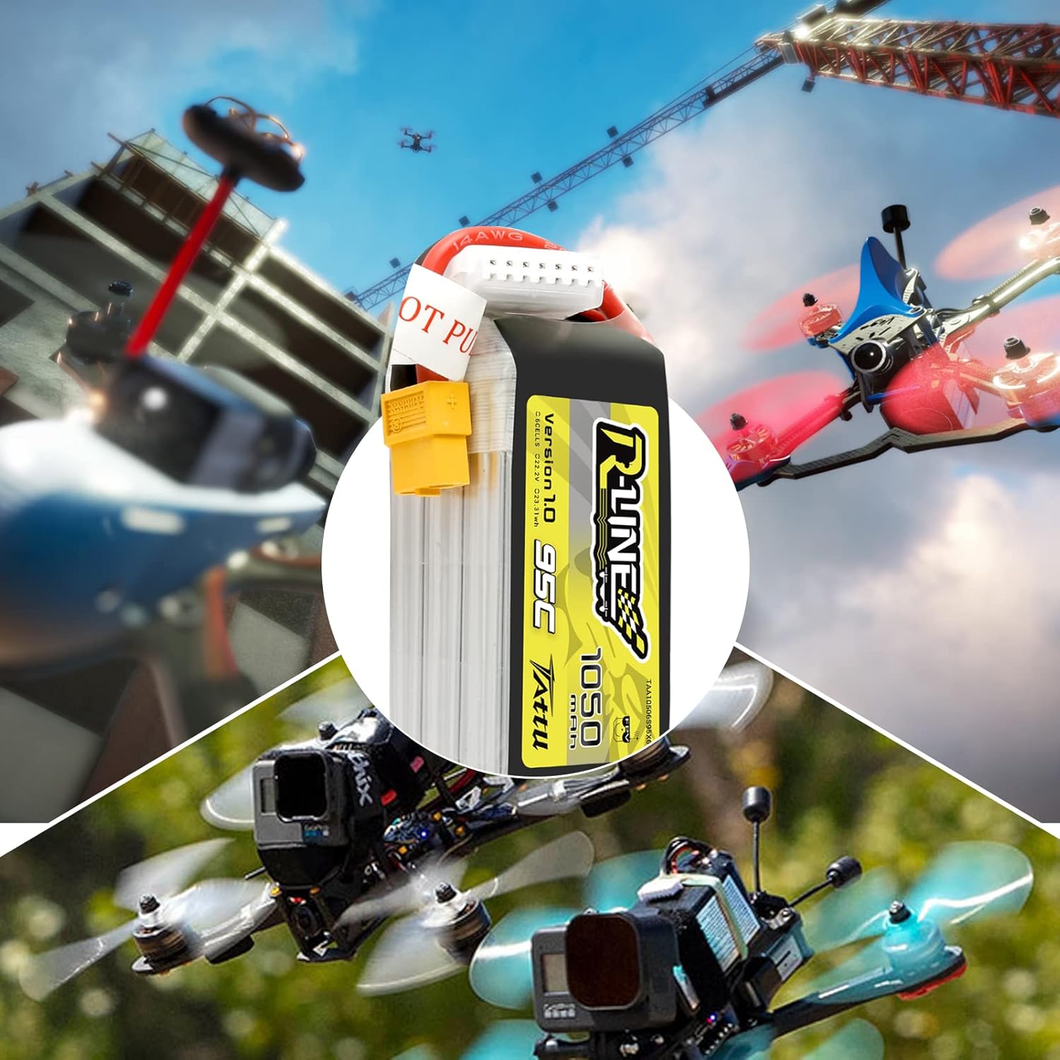 TATTU R-Line 22.2V 1050mAh 95C 6S LiPo Battery Pack with XT60 Plug for Professional FPV Racing