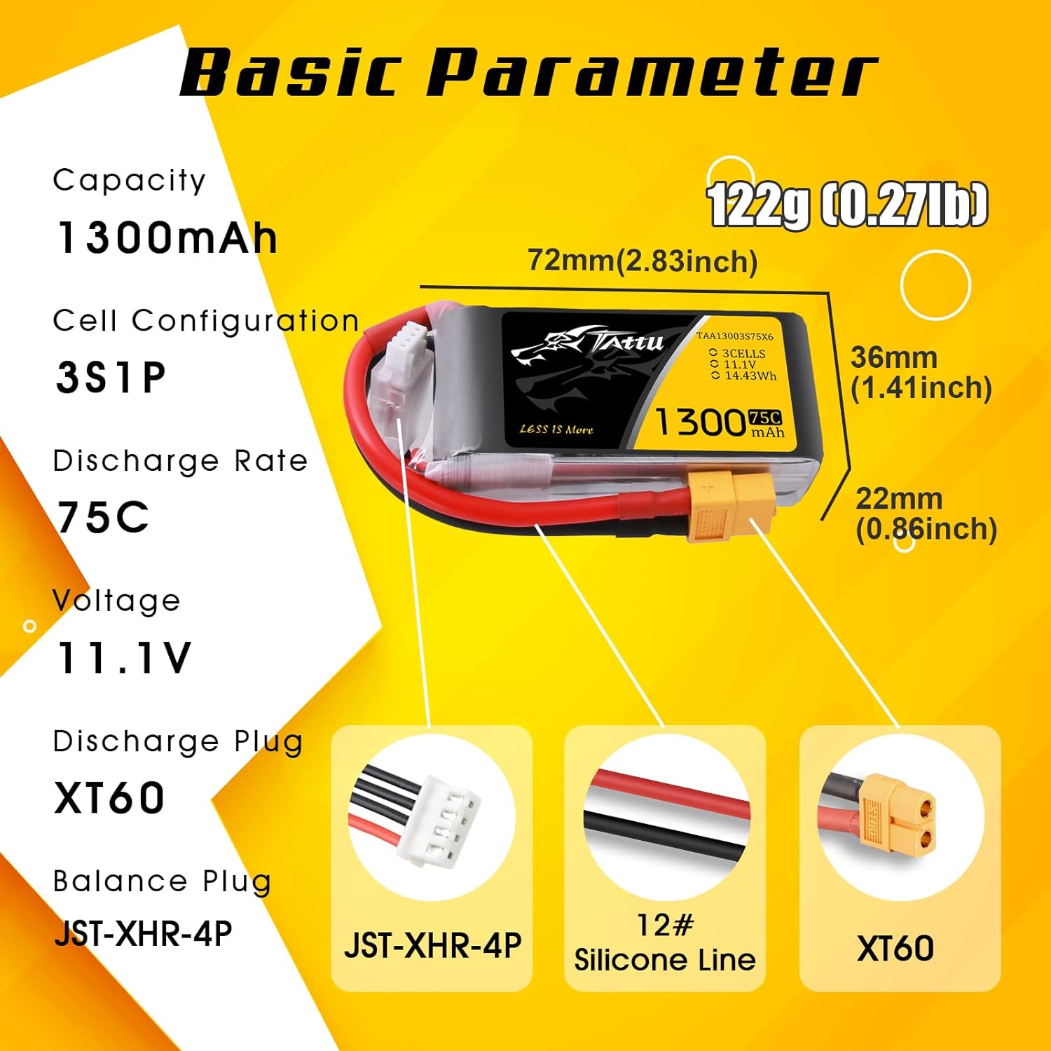 Tattu 11.1V 1300mAh 75C 3S LiPo Battery Pack with XT60 Plug for RC Boat Heli Airplane UAV Drone FPV Nemesis 240 Mini Skylark M4-FPV 250 Mini Shredder 200 INDY250 Plus Mojo 280 HOVERSHIP MHQ2