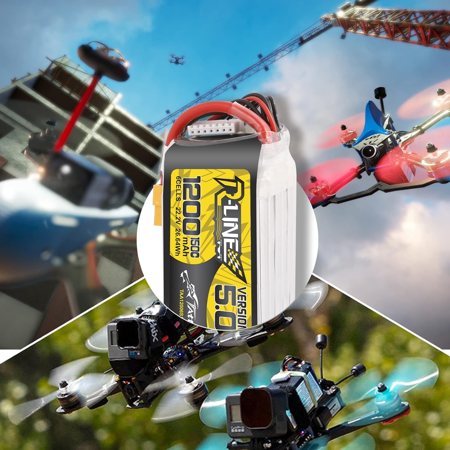 TATTU R-Line Version 5.0 6S Lipo Battery 22.2V 150C 1200mAh Lipo Battery Pack with XT60 Plug for Racing