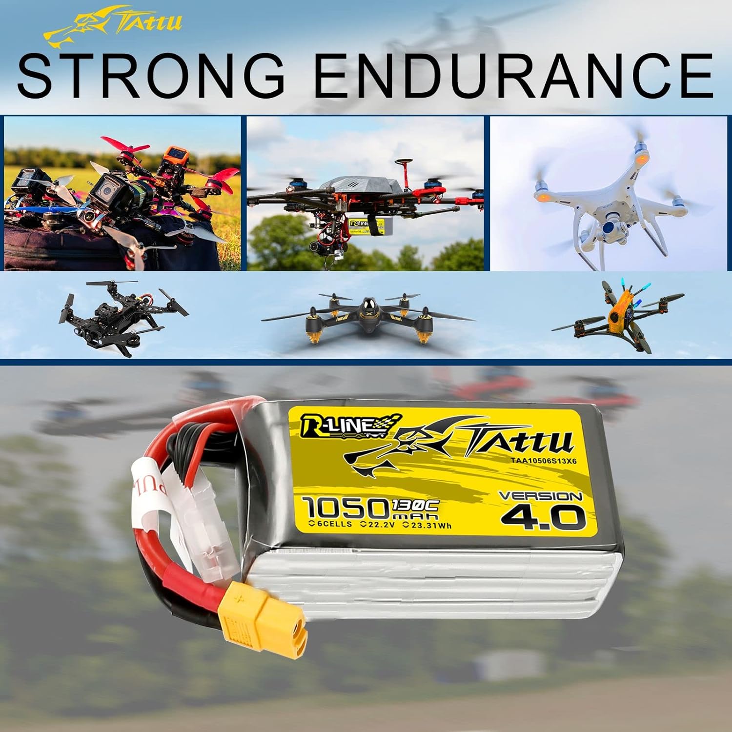 TATTU 6S Lipo Battery R-Line Version 4.0 1050mAh 22.2V 130C Lipo Battery Pack with XT60 Plug for Professional FPV Racing Competitions