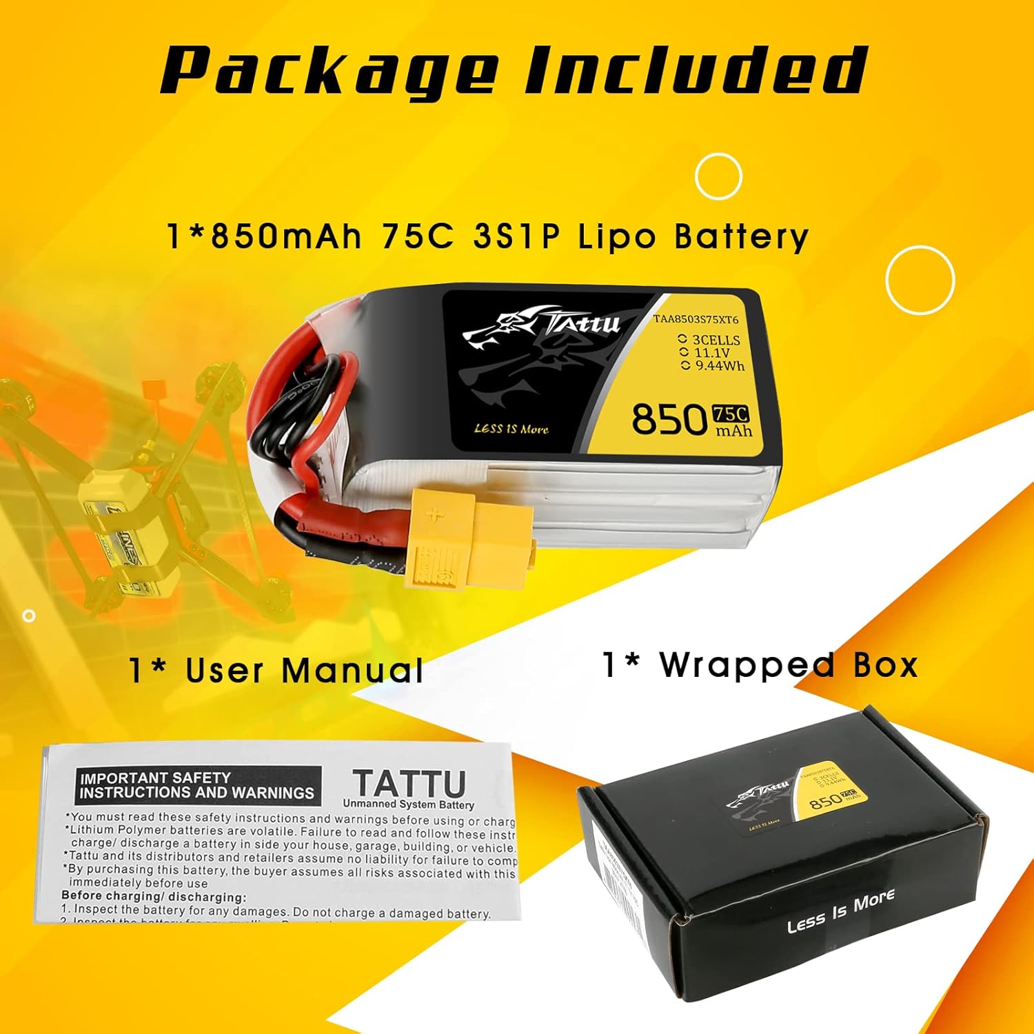 TATTU 850mAh 11.1V 75C 3S LiPo Battery Pack with XT60 Plug for Multirotor FPV 150 180 Size Quadcopter