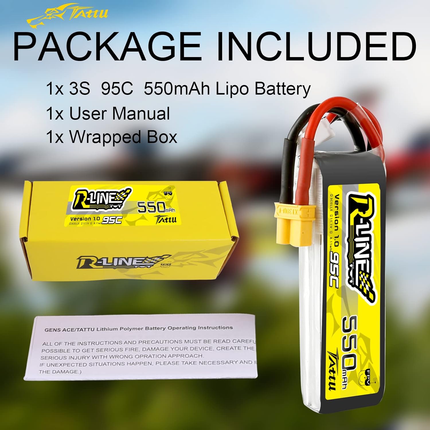 TATTU R-Line 3S Lipo Battery 550mAh 11.1V 95C with XT30 Plug for FPV Racing Quadcopter