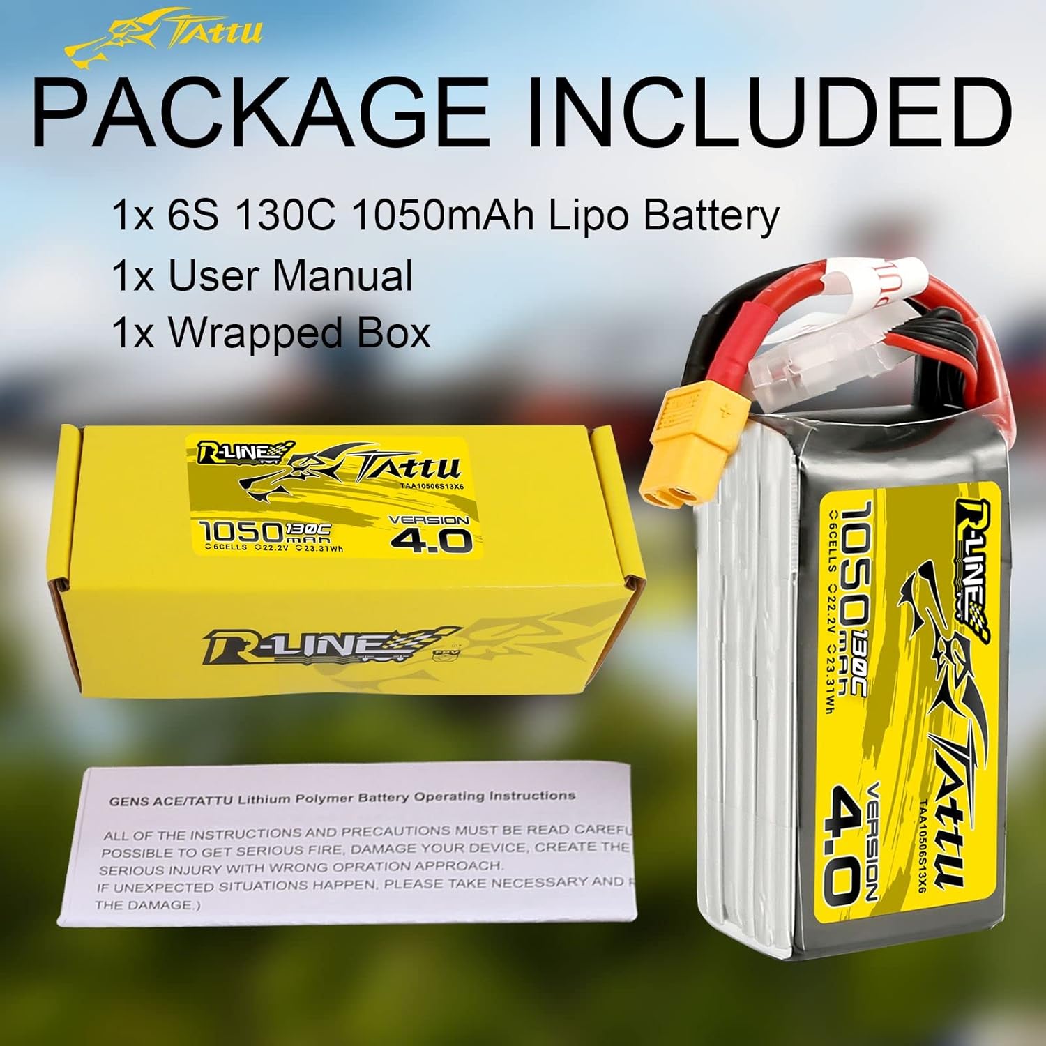 TATTU 6S Lipo Battery R-Line Version 4.0 1050mAh 22.2V 130C Lipo Battery Pack with XT60 Plug for Professional FPV Racing Competitions