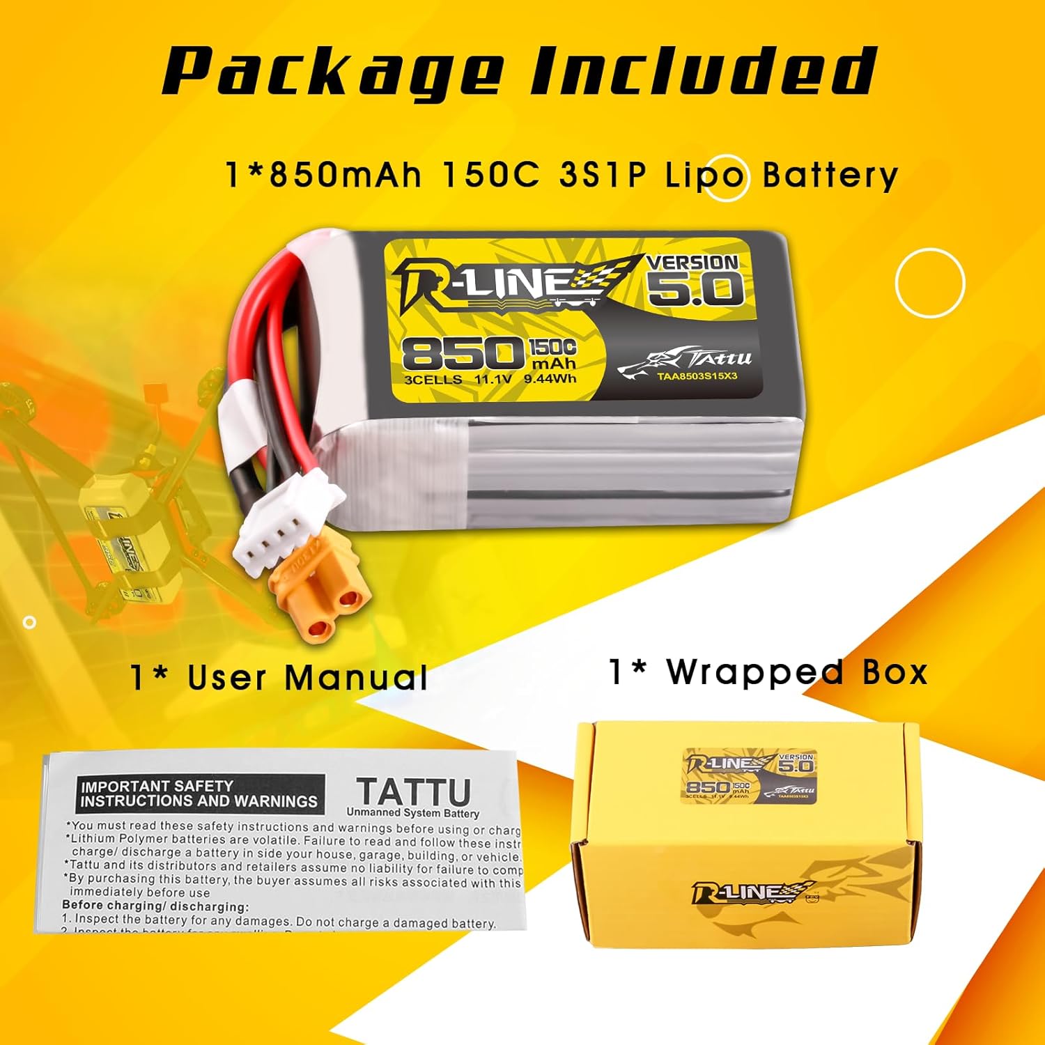 TATTU R-Line Version 5.0 3S Lipo Battery 11.1V 150C 850mAh Lipo Battery Pack with XT30U-F Plug
