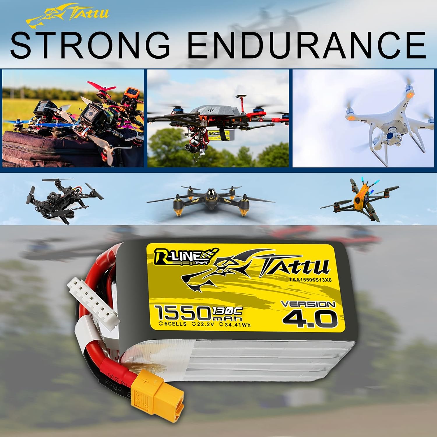 TATTU R-Line Version 4.0 6S Lipo Battery 22.2V 130C 1550mAh Lipo Battery Pack with XT60 Plug for Racing