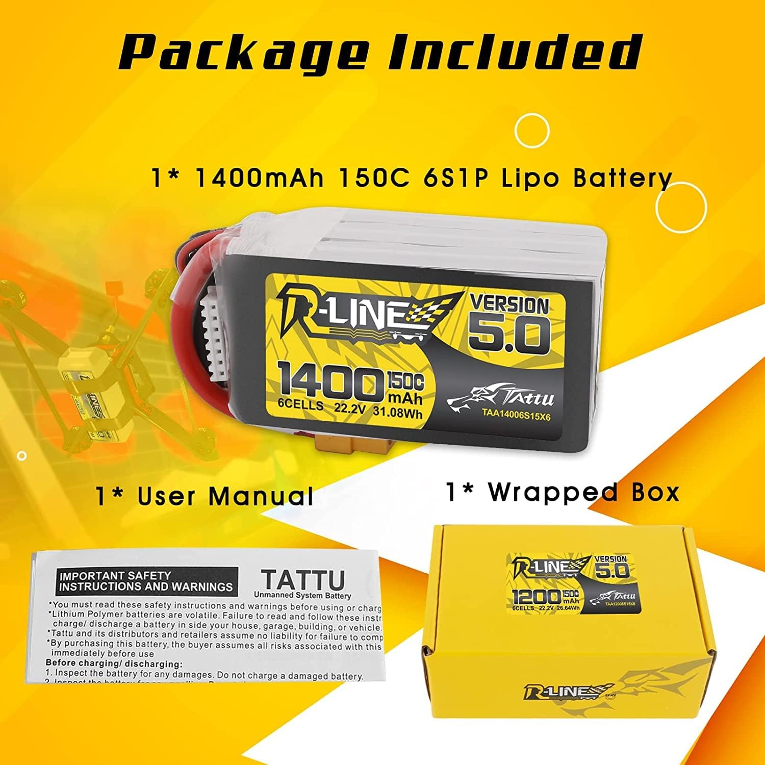 TATTU R-Line Version 5.0 6S Lipo Battery 22.2V 150C 1400mAh Lipo Battery Pack with XT60 Plug for Racing